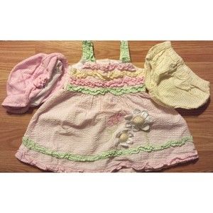 Girl's Size 6-9 M Months 3 Piece B.T. Kids Pink Gingham Dress, DC Hat Set Ruffle